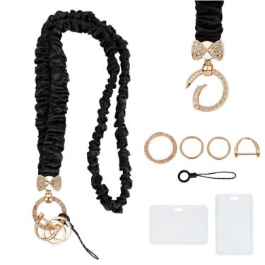 Imagem de Cordão de professor para crachá de identificação e chaves, cordões retráteis para professores com laço fofo, cordão elástico de pescoço elástico com suporte para cartão para mulheres estudantes (preto