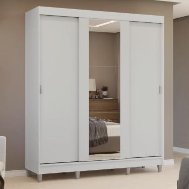 Imagem de Guarda-roupa Casal Com Pés 3 Portas De Correr Com Espelho Branco Reno Madesa