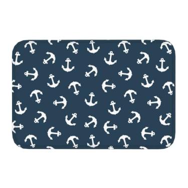Imagem de Jbofyee Tapete de banho azul marinho branco âncora náutica 61 x 40 cm antiderrapante microfibra macia tapete de banheiro lavável tapete de entrada para banheira chuveiro chão