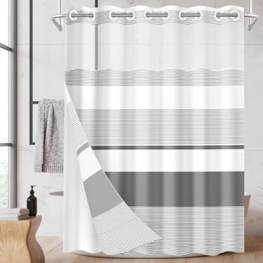 Imagem de Nesphy Cortina de chuveiro cinza escuro sem gancho com forro de tecido de encaixe, tecido boêmio listrado moderno de camada dupla à prova d'água com janela superior transparente cortina de banho com
