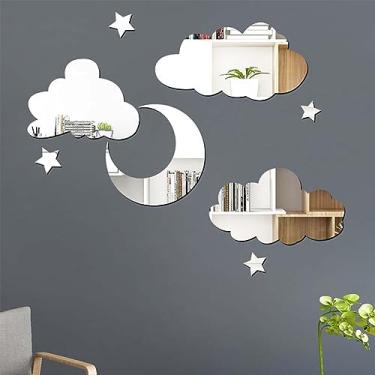 Imagem de Decoração de parede 3D lua nuvem espelho acrílico adesivos autoadesivos decorativos lua estrela nuvem decalque de parede para bebês crianças crianças sala de estar quarto berçário decoração de parede
