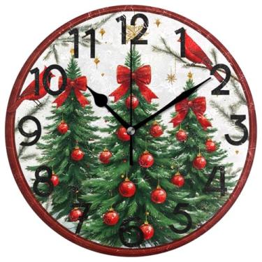 Imagem de Relógio redondo com laço de árvore de Natal, números grandes, ano novo, decorativo, inverno, pássaros cardeais, sinos de Natal, relógios de parede, 25,4 cm, quartzo operado por bateria, analógico