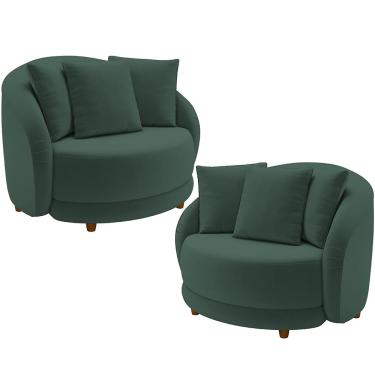 Imagem de Kit 02 Poltronas Decorativas Para Sala de Estar Base Fixa Pés Madeira Witta M03 Veludo Verde - Lyam Decor