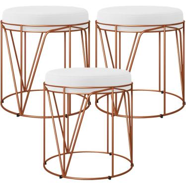 Imagem de Kit 03 Puffs Decorativo Aramado Bronze Zaya L02 Corano Branco - Lyam Decor