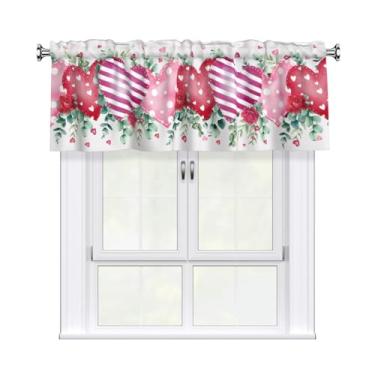 Imagem de Miaoquhe Valência de cozinha para janela de 137 x 45 cm, cortina curta com coração de amor vermelho e rosa para sala de estar, folhas florais rosas, dia dos namorados, tratamento de janela, saia com