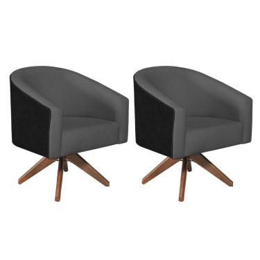 Imagem de Kit 02 Poltronas Luiza Base Giratória De Madeira Factor Preto E Linho Cinza Escuro