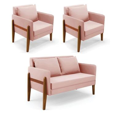 Imagem de Kit 1 Sofá Namoradeira E 2 Poltronas Lana Veludo Base De Madeira - D'rossi Cor Rose
