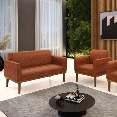 Imagem de Conjunto Poltrona E Namoradeira Decorativa Pés Fixo Em Madeira Castanho Pu Nozes