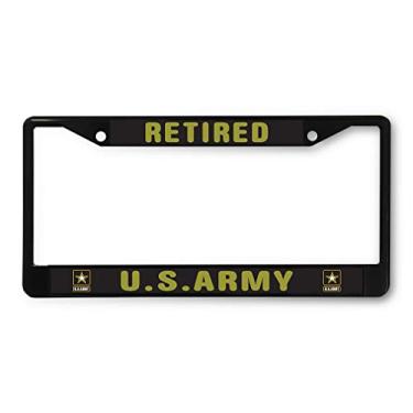 Imagem de Sign Destination Moldura de placa de carro de carro aposentado do exército dos EUA suporte de etiqueta preta 2 furos conjunto de 2