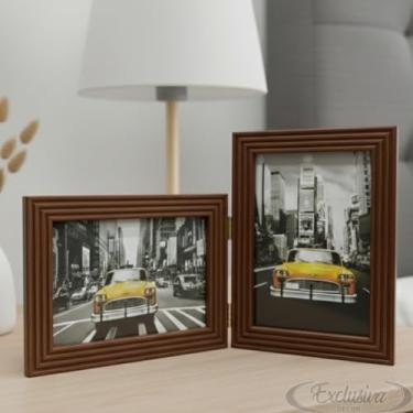 Imagem de Porta Retrato Duplo 10x15 Moldura Ripado Marrom Com Vidro