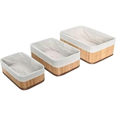 Imagem de Kit Cesto Organizador de Bambu Forrado Retangular Grande e Pequeno para Quarto, Mesa e Banheiro
