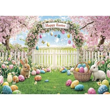 Imagem de 3 x 2,4 m Fundo de fotografia de Páscoa feliz coelho colorido ovos florais jardim fundo coelho grama verde floral parede crianças recém-nascidos decoração de festa infantil aniversário foto banner