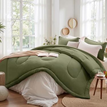 Imagem de SunStyle Home Conjunto de edredom Queen – 3 peças de edredom reversível, tamanho Queen, leve, com 1 edredom alternativo e 2 fronhas para todas as estações, verde-oliva