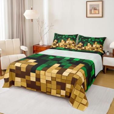 Imagem de Jogo de cama Pixelated Miners Blocks tamanho casal, jogo de cama quadrado de patchwork, videogame de fácil lavagem, quadriculado geométrico, decoração de quarto de meninos e meninas, lençol verde