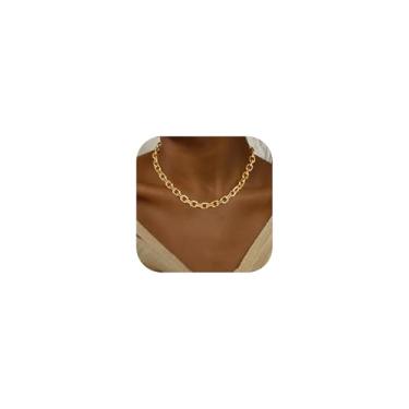 Imagem de Funsanny Colar de ouro para mulheres – Colar grosso banhado a ouro 14 K, corrente cubana com clipe de papel, espinha de peixe, colar gargantilha para mulheres, simples, joias modernas, presentes