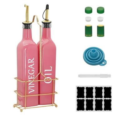 Imagem de eispap Conjunto de garrafas de óleo e vinagre de vidro colorido de 500 ml com prateleira de metal dourado – Pacote com 2 garrafas dispensadoras de azeite de oliva com funil e bicos dourados, conjunto