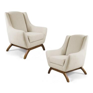 Imagem de Kit 02 Poltronas Decorativas Juliet Base De Madeira C-107 Linho Bege - Domi