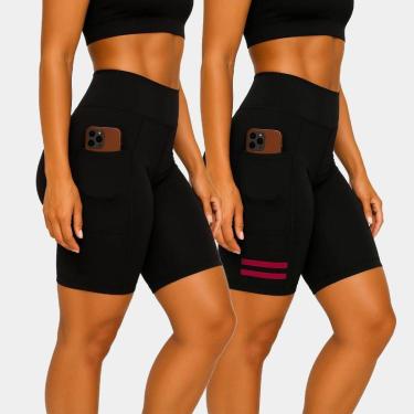 Imagem de Kit 3 Bermudas Ciclista Suplex Bolso Não Fica Transparente Cós Alto-Feminino