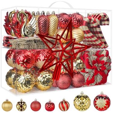 Imagem de Alupssuc Conjunto de 128 peças de enfeites de bolas de Natal, bolas de plástico inquebráveis, flores de Natal, fita e enfeite de árvore para decoração de festa de casamento de Natal com cordas para
