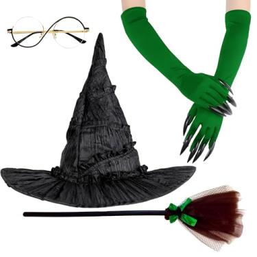 Imagem de KatchOn, Conjunto de fantasia de bruxa de Halloween | chapéu de bruxa, luvas de garra e máscara de coelho | Acessórios de bruxa para mulheres | Decorações de Halloween, Verde e preto, 15 x 12 inches