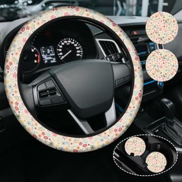 Imagem de Capa de volante floral fofa com flores para mulheres e homens, antiderrapante de alta elasticidade, acessórios de carro, capas de volante, universal, 38 cm para carros, SUVS, inclui 2 porta-copos de