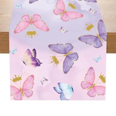 Imagem de Caminho de mesa de 1º aniversário, bandeira de mesa de festa de borboleta rosa e roxa, decoração retangular descartável de poliéster para jantar de cozinha, decoração de mesa de festa de casa interna