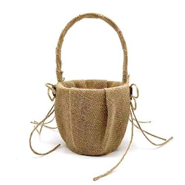 Imagem de Cesto de Menina das Flores Casamento Estilo Vintage Rústico Laço Design Coração Madeira Juta Hessian