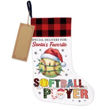 Imagem de Decoração de árvore de Natal para jogador de softball, entrega especial para o jogador de softball, presente de Natal favorito do Papai Noel, meia pendurada para lareira, escadas de parede, decoração
