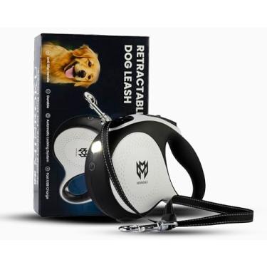 Imagem de Minruko Coleira retrátil para cães com luz LED – Coleira de fita de nylon resistente de 4,9 m sem emaranhamento de 360° | Sistema de freio com uma mão, pausa e trava | Cães médios (branca)