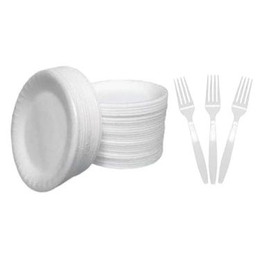 Imagem de Kit Churrasco e Feijoada 100 Itens – 50 Pratos Isopor 23cm + 50 Garfos Descartáveis, Ideal para Refeições e Festas