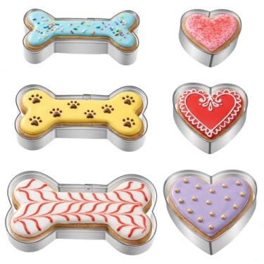 Imagem de 6 peças de cortador de biscoito em forma de osso de cachorro e coração, 3 tamanhos de aço inoxidável, molde de biscoito de metal para cães, cortadores de biscoitos, prata, para festas temáticas