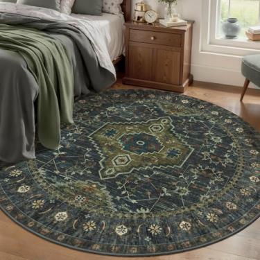 Imagem de Tangsoo Tapetes redondos verdes de 1,5 m, tapete circular lavável, tapete de área redonda boho antiderrapante, tapetes circulares de pilha baixa vintage, tapete redondo para quarto, sala de estar