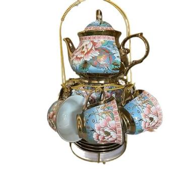 Imagem de Conjunto de Chá e Café em Porcelana Luxo Floral Dourado 13 Peças com Bule, Xícaras e Suporte | Mesa Posta(750Ml)