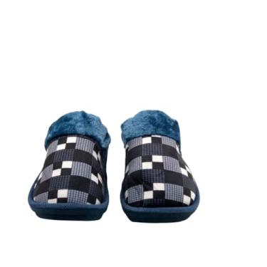Imagem de Pantufa Masculina Xadrez Azul, Poliéster, Tamanho 44/45, Antiderrapante, 29cm x 11cm, 330g