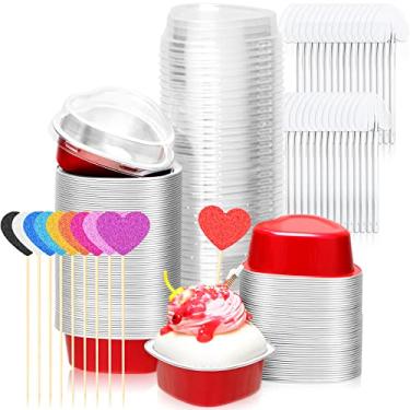 Imagem de Conjunto de 300 peças de formas de bolo em forma de coração para o Dia dos Namorados mini formas descartáveis de 53 g com tampas de alumínio para brownie com mini topo de cupcake, colheres de bolo para assar chá de bebê, aniversário e festa de casamento
