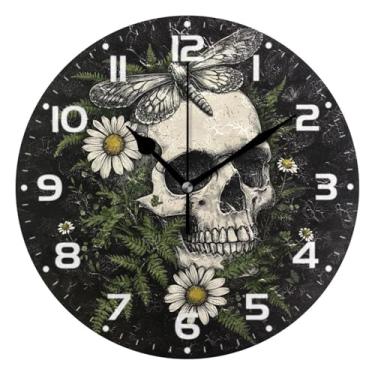 Imagem de JUZIHAI Relógio de parede de caveira silencioso, sem tique-taque, relógios de parede redondos operados por bateria, fácil de ler, relógio decorativo de parede para casa, cozinha, sala de estar, quarto
