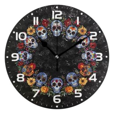 Imagem de JUZIHAI Relógio de parede com caveiras, silencioso, sem tique-taque, redondo, operado por bateria, fácil de ler, relógio decorativo de parede para casa, cozinha, sala de estar, quarto, escritório, 25