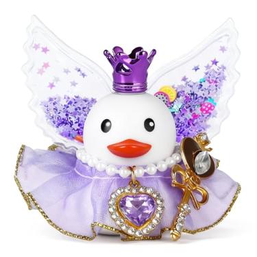 Imagem de Ornamento de carro de pato de borracha rainha branca com coroa roxa, colar de cristal, varinha mágica e asas de estrela - decoração engraçada de painel inclui adesivos adesivos