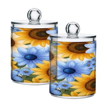 Imagem de Qilmy Lindas flores de girassol, pacote com 2, frascos de boticário de 400 ml, vasilha organizadora de banheiro para cotonetes, bolas de algodão, almofadas de maquiagem, fio dental, sais de banho