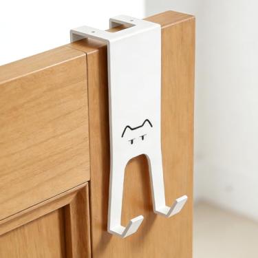 Imagem de Pacote com 2 ganchos sobre a porta em forma de gato, solução de pendurar sem adesivo para toalhas e roupões - Cabide de porta de metal forte para decoração de banheiro, cozinha, quarto e escritório
