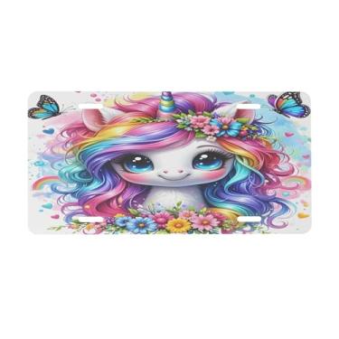 Imagem de Linda placa de licença de flor de unicórnio para frente do carro placas de carro alumínio metal adequado para caminhão placa de porta de carro bar café acessórios automotivos para homens mulheres 15 x