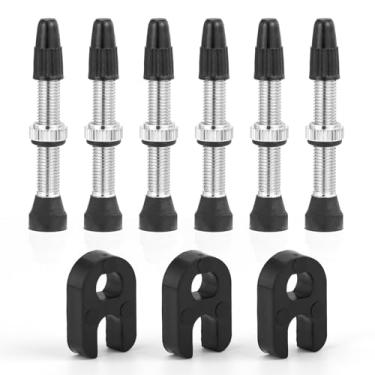 Imagem de QWORK Kit de haste de válvula Presta, 9 peças de kit de haste de válvula sem câmara de 40 mm com 3 removedores de núcleo de válvula para bicicletas e bicicleta de estrada, par de aros sem câmara, sem