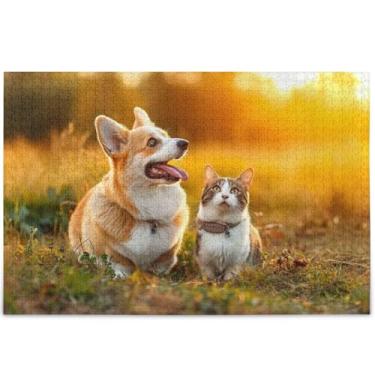 Imagem de Quebra-cabeça personalizado para cães corgi gato campo fofo 500 peças adultos arte animal pintura única divertido brinquedo adulto jogo de quebra-cabeça presentes técnicos, 52 cm x 37,8 cm