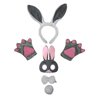 Imagem de Petitebella Máscara de animais combinados, tiara, cauda, 5 peças, fantasia 1-5 anos (branca/cinza), tamanho único)