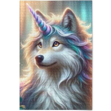 Imagem de Quebra-cabeça de lobo unicórnio adulto 1000 peças quebra-cabeça engraçado legal exclusivo paisagem floral, 75 x 50 cm