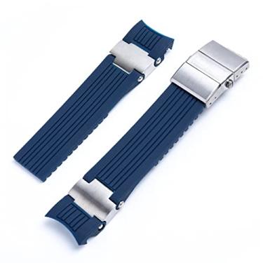 Imagem de XMKT 22 x 20 mm DIVER and MARINE Pulseira de relógio de pulso de borracha de silicone macio impermeável para Ulysse Nardin fivela dobrável (conjunto prata azul)