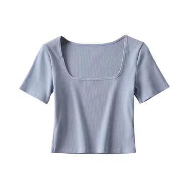 Imagem de T-shirt de manga curta feminina, top curto com gola quadrada - Dozw, B