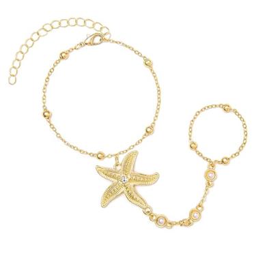 Imagem de Pulseira de corrente de mão banhada a ouro 14K com anel, delicada pulseira de dedo de zircão cúbico, joia corporal de punho ajustável presentes para mulheres, One Size, Zircônia cúbica