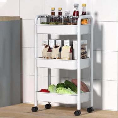 Imagem de Carrinho de armazenamento com rodinhas de 3 camadas, carrinho organizador de cozinha e banheiro branco com alça e rodas bloqueáveis para espaços pequenos, carrinho utilitário para casa e escritório