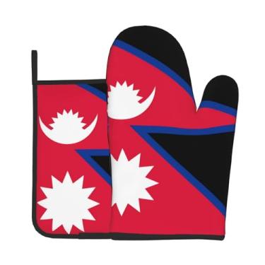 Imagem de Conjunto de 2 peças de luvas de forno estampadas com bandeira do Nepal, adequado para cozinhar, assar e grelhar ao ar livre